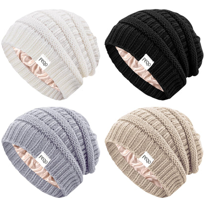 FEQO 4 Pack Satin Lined Beanies Slouchy Beanie Oversized Cable Knit Caps