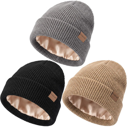 Satin Lined Beanie for Women Men Waffle Knit Winter Hats Thick Double Layer Warm Cuffed Silk Lining Cozy Soft
