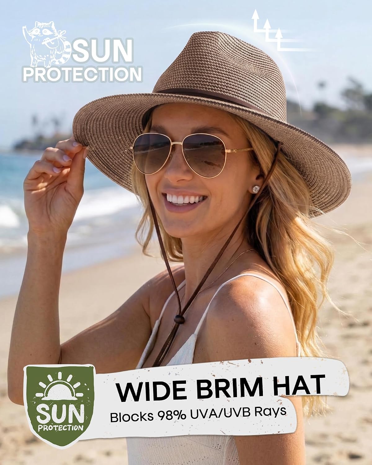 FURTALK Sun Hat Panama Fedora Straw Beach Hat with Wind Lanyard UPF
