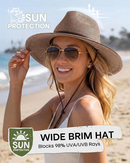 FURTALK Sun Hat Panama Fedora Straw Beach Hat with Wind Lanyard UPF
