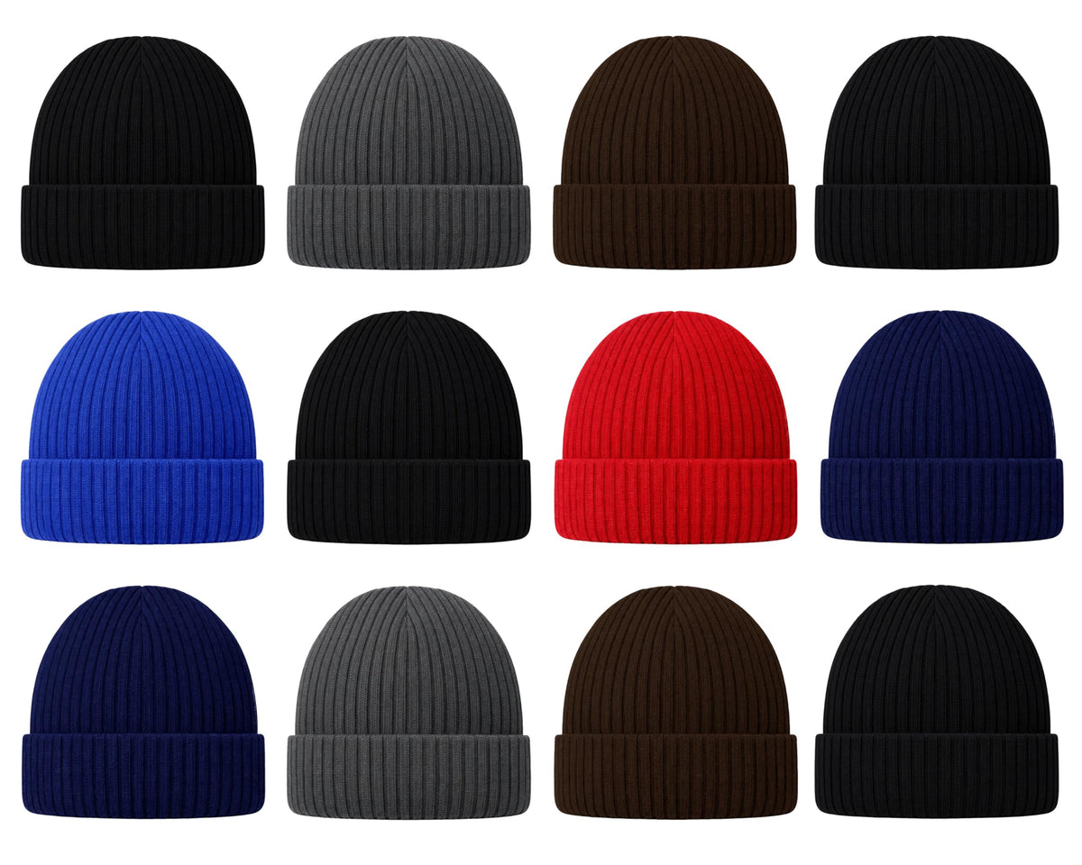 12 Pack Winter Beanie Hats for Men Women, Warm Cozy Knitted Cuffed Skull Cap, Wholesale