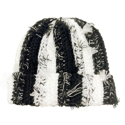 Womens Chunky Crochet Beanie Casual Cuffed Winter Hat with Boho Tassel Knot