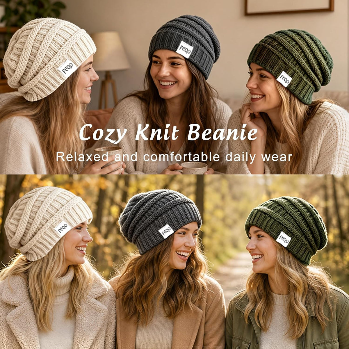 FEQO 4 Pack Satin Lined Beanies Slouchy Beanie Oversized Cable Knit Caps