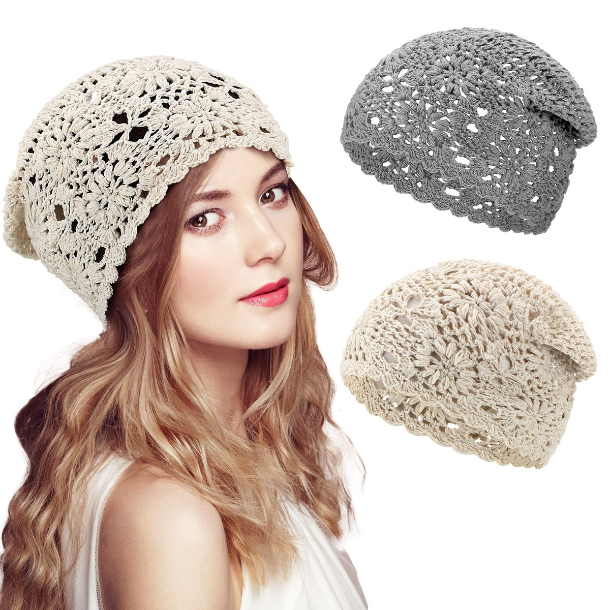 2 Pieces Floral Crochet Slouchy Beanie Hat Handmade Knit Cutout Women Floral Skull Cap Stretchy Knitted Crochet Hat for Women