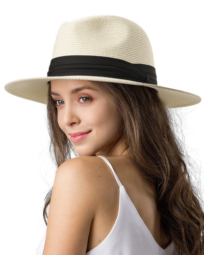FURTALK Womens Mens Wide Brim Straw Panama Hat Fedora Summer Beach Sun Hat