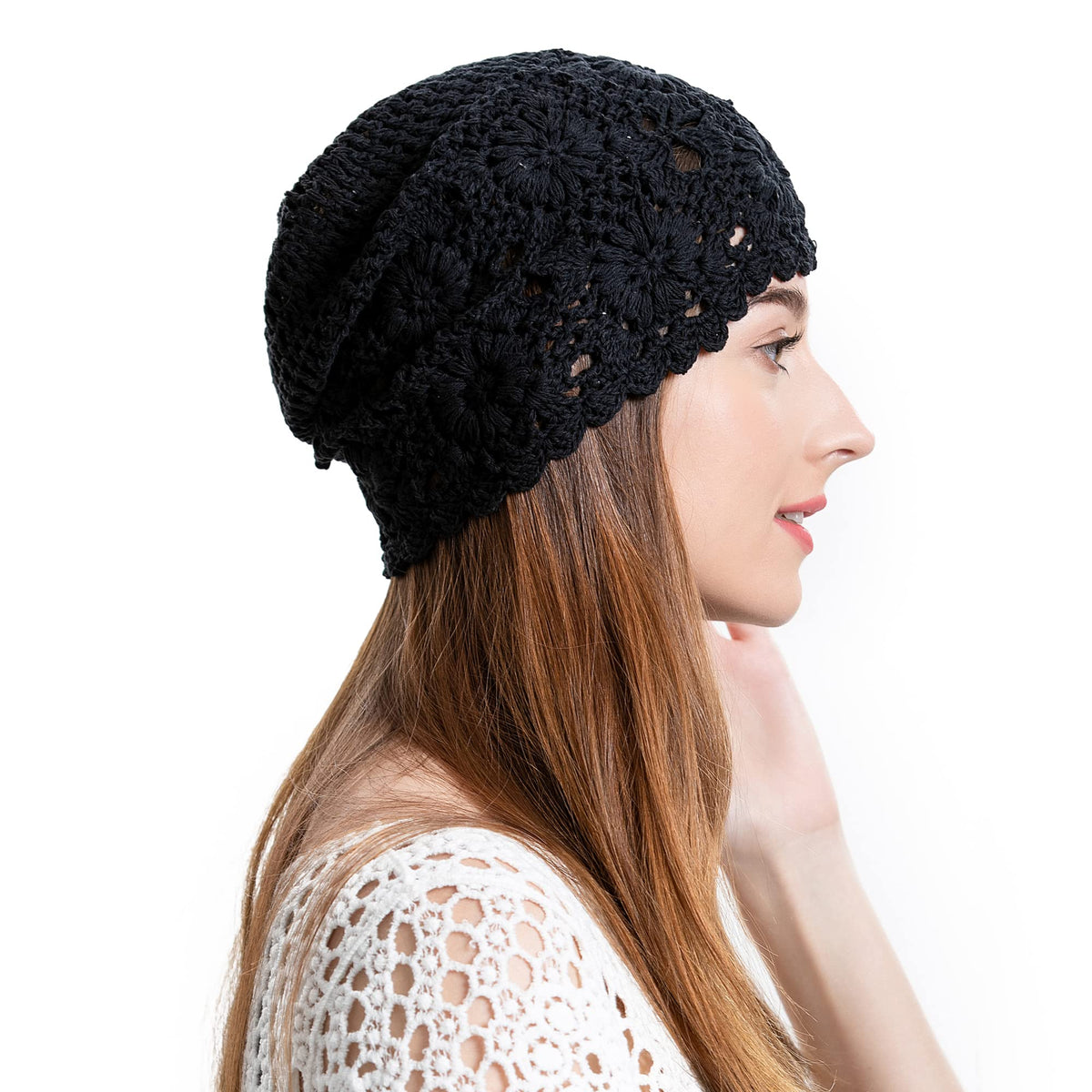 ZLYC Women Cotton Crochet Slouchy Beanie Hat Handmade Knit Summer Skull Cap