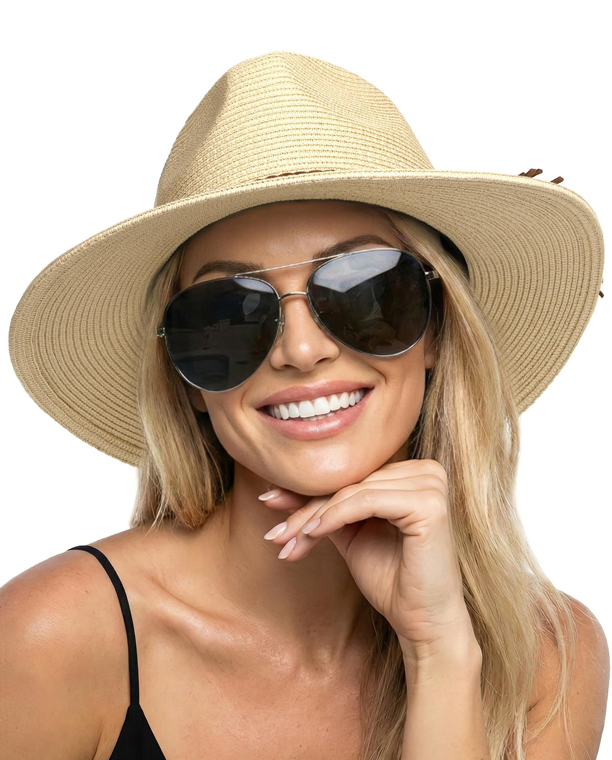 FURTALK Womens Wide Brim Sun Hat Beach Panama Fedora Straw Summer