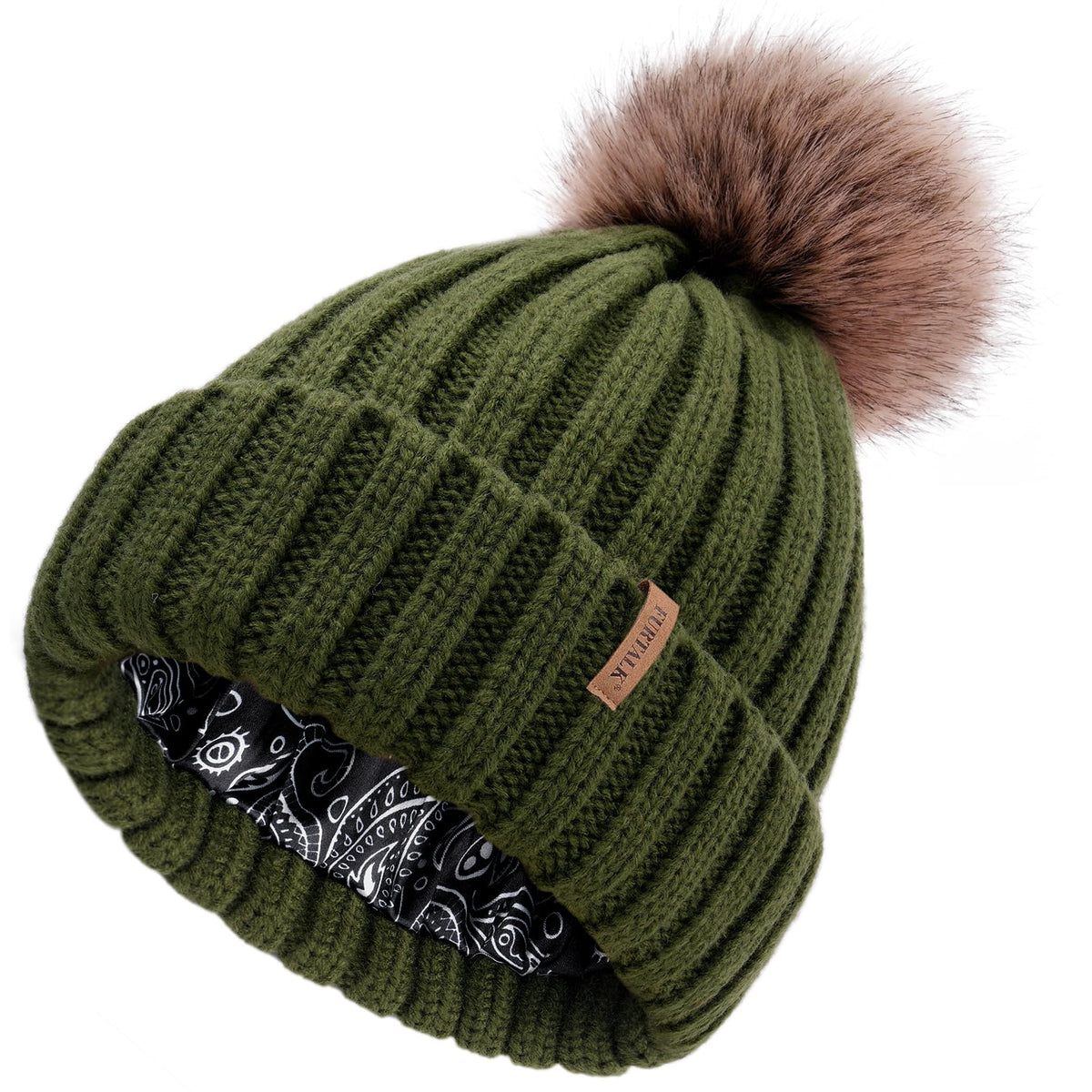 FURTALK Womens Winter Beanie Hat Satin Lined Faux Fur Pom Pom Beanies Hat for Women Winter Warm Knit Hats