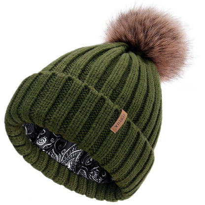 FURTALK Womens Winter Beanie Hat Satin Lined Faux Fur Pom Pom Beanies Hat for Women Winter Warm Knit Hats