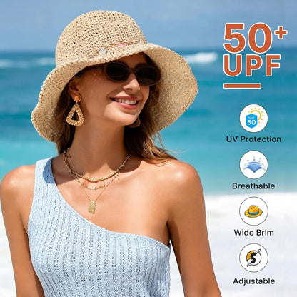 Beach Sun Hats for Women, Wide Brim Straw Hat, UPF 50+ UV Protection