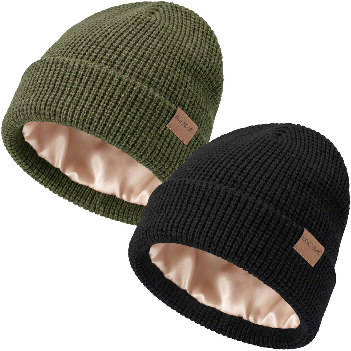 Satin Lined Beanie for Women Men Waffle Knit Winter Hats Thick Double Layer Warm Cuffed Silk Lining Cozy Soft