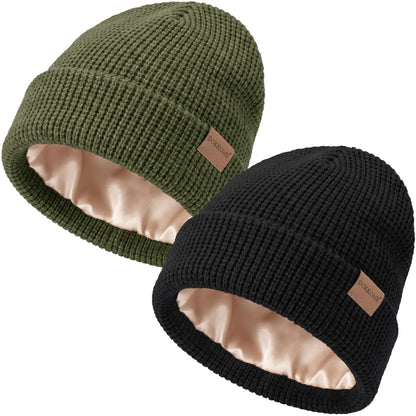 Satin Lined Beanie for Women Men Waffle Knit Winter Hats Thick Double Layer Warm Cuffed Silk Lining Cozy Soft