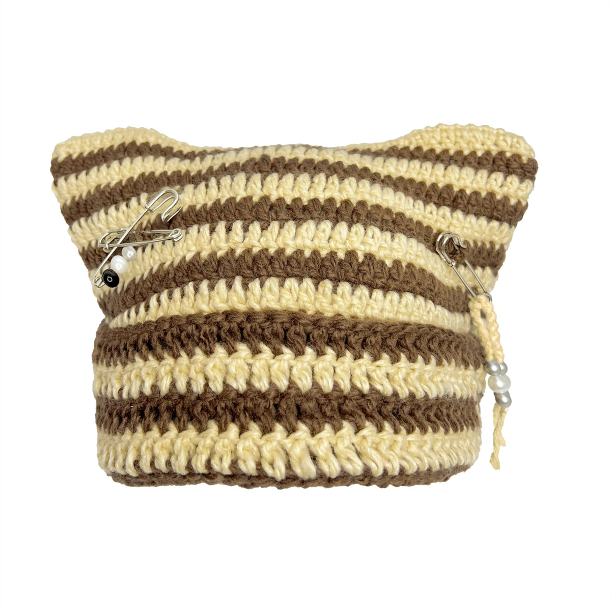 Cat Ear Beanie for Women, Y2K Striped Slouchy Crochet Goth Style with DIY Accessories, Cute Knit Hat with Ears