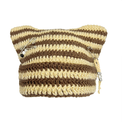 Cat Ear Beanie for Women, Y2K Striped Slouchy Crochet Goth Style with DIY Accessories, Cute Knit Hat with Ears