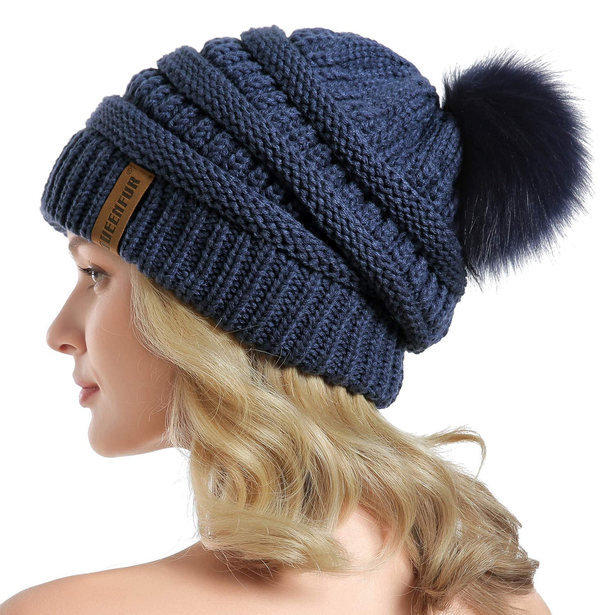Women Knit Slouchy Beanie Chunky Baggy Hat with Faux Fur Pompom Winter Soft Warm Ski Cap