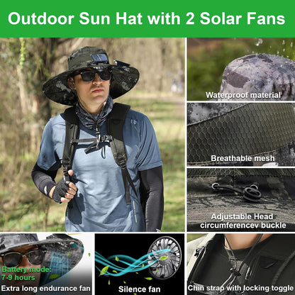 Fishing Hats with Sunglasses, Wide Brim Sun Hat with 2 Solar Fan, USB & Solar Powered Fishing Hats, Solar Fan Hats UPF 50+