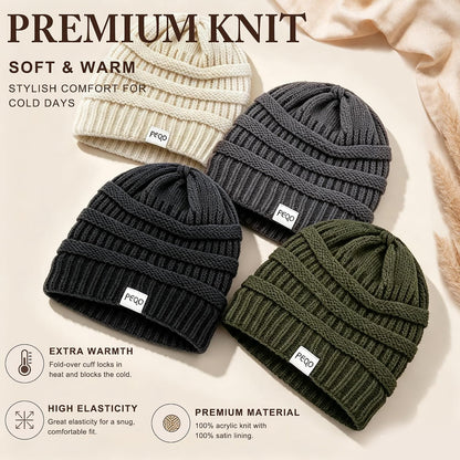 FEQO 4 Pack Satin Lined Beanies Slouchy Beanie Oversized Cable Knit Caps