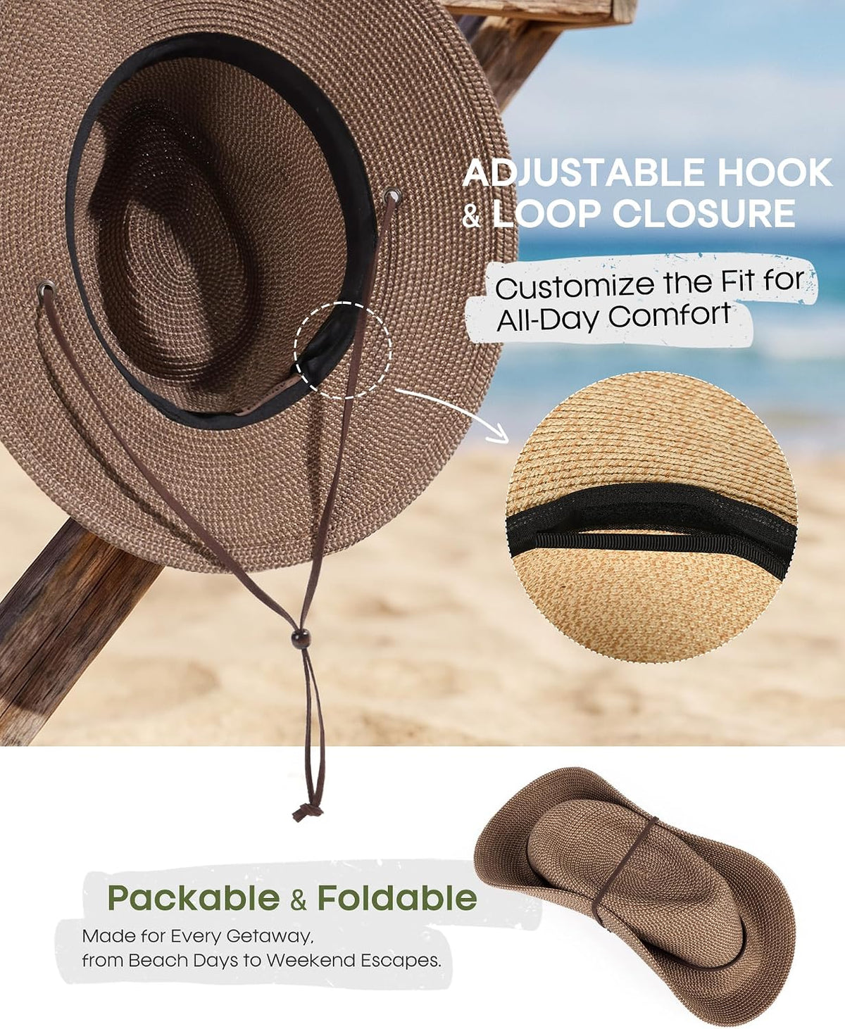 FURTALK Sun Hat Panama Fedora Straw Beach Hat with Wind Lanyard UPF