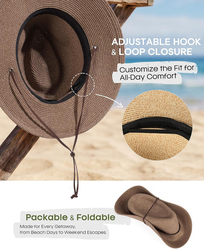 FURTALK Sun Hat Panama Fedora Straw Beach Hat with Wind Lanyard UPF