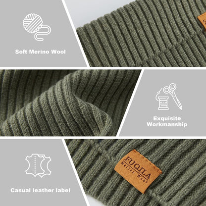 100% Merino Wool Cuff Beanie Hat, Unisex Warm Winter Caps Soft, Breathable & Cozy Stretchy Knitted Cuffed Cap