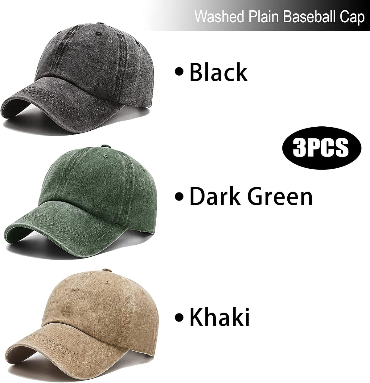 3 Pack Washed Plain Vintage Baseball Cap Cotton Adjustable Twill Bulk Low Profile Classic Dad Hat for Men/Women