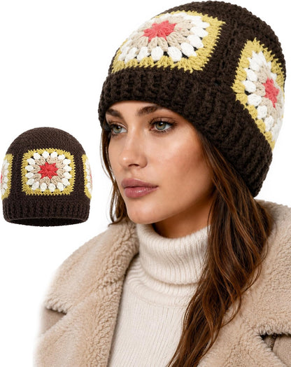 Floral Beanie for Women Granny Square Crochet Knit Warm Hat