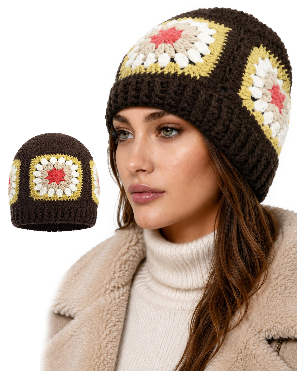 Floral Beanie for Women Granny Square Crochet Knit Warm Hat