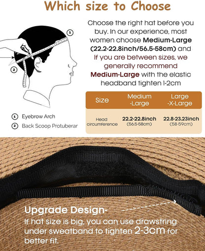 FURTALK Sun Hat Wide Brim Straw Fedora Panama Beach for Men Women