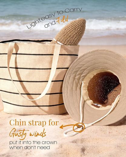 FURTALK Summer Straw Beach Sun Hats for Women Wide Brim Packable Bucket Hat