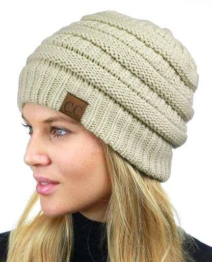 C.C Unisex Chunky Soft Stretch Cable Knit Warm Fuzzy Lined Skully Beanie