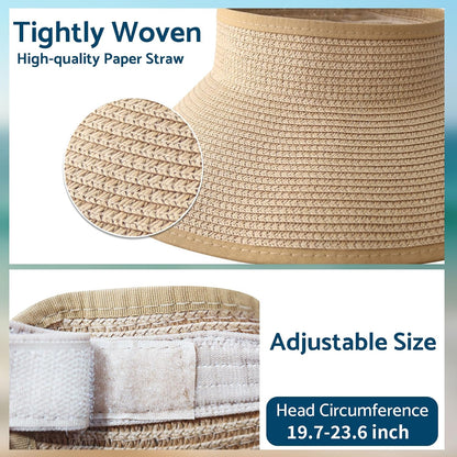 NPJY Sun Hats for Women Wide Brim Roll-Up Ponytail Packable Straw Visor