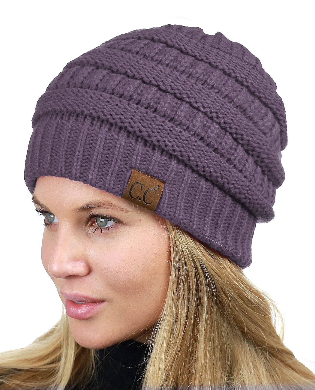 C.C Unisex Chunky Soft Stretch Cable Knit Warm Fuzzy Lined Skully Beanie
