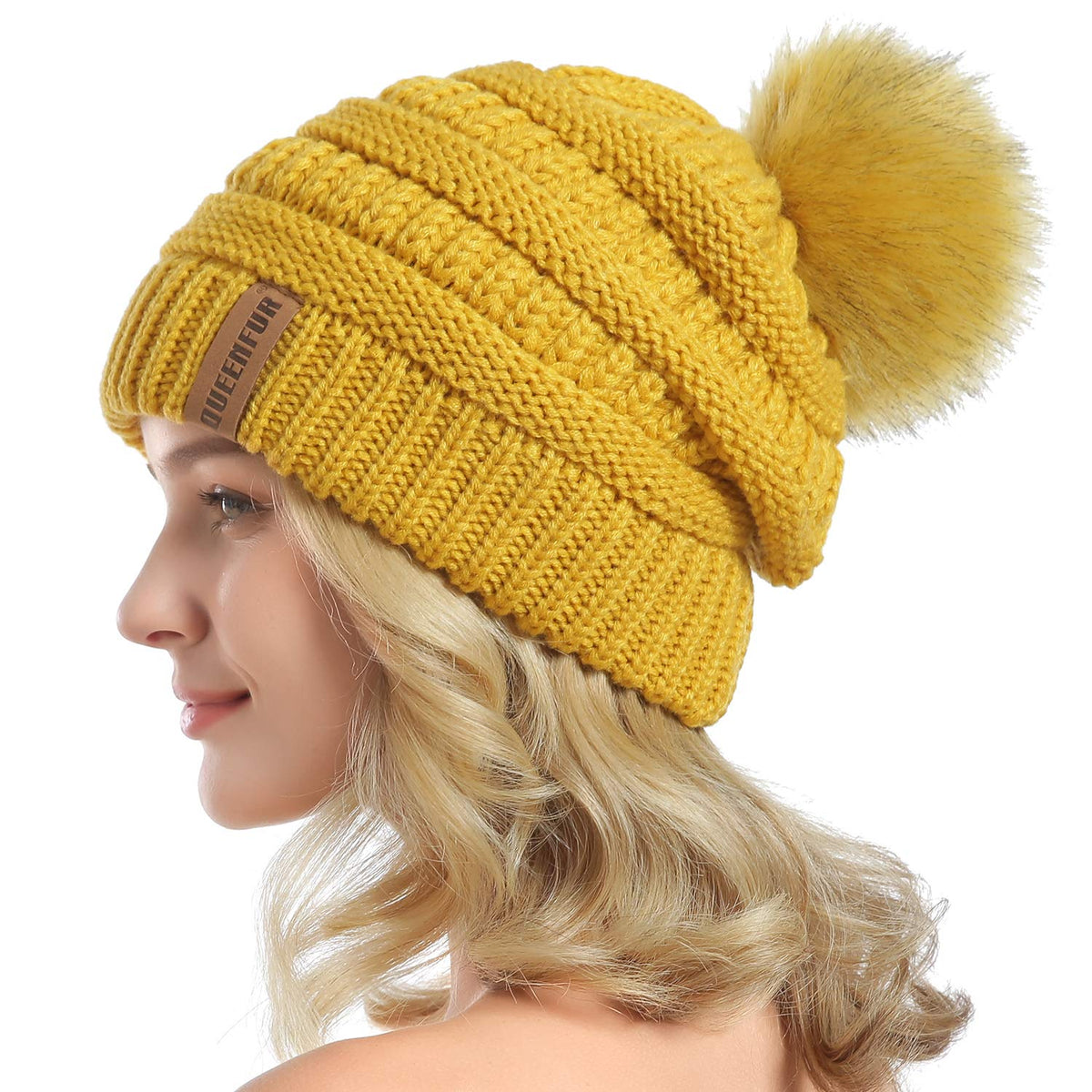 Women Knit Slouchy Beanie Chunky Baggy Hat with Faux Fur Pompom Winter Soft Warm Ski Cap
