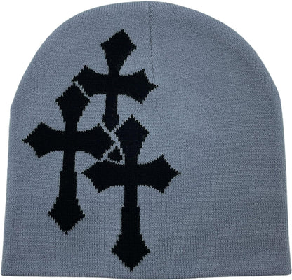 Y2K Dark Cross Wool Hat - Fashion Cross Pattern Loose Pile Knit Hat for Cold Weather - Autumn and Winter