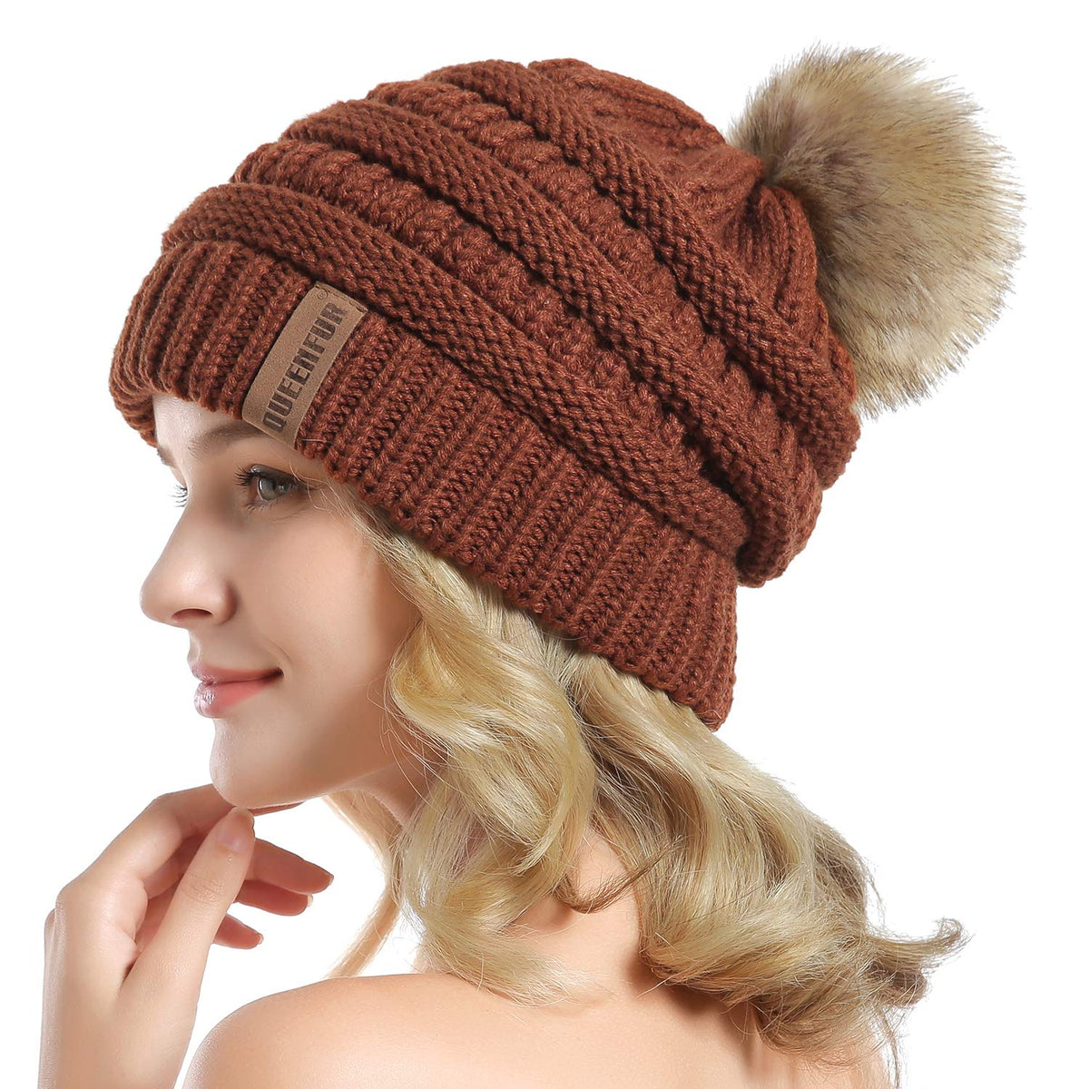 Women Knit Slouchy Beanie Chunky Baggy Hat with Faux Fur Pompom Winter Soft Warm Ski Cap