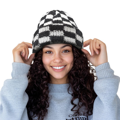 CLAPE Womens Cute Slouchy Beanies Hats, Winter Warm Chunky Checkered Beanie Large Cuff Knitted Hat Ski Cap for Cold Weather