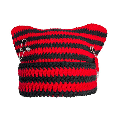 Cat Ear Beanie for Women, Y2K Striped Slouchy Crochet Goth Style with DIY Accessories, Cute Knit Hat with Ears
