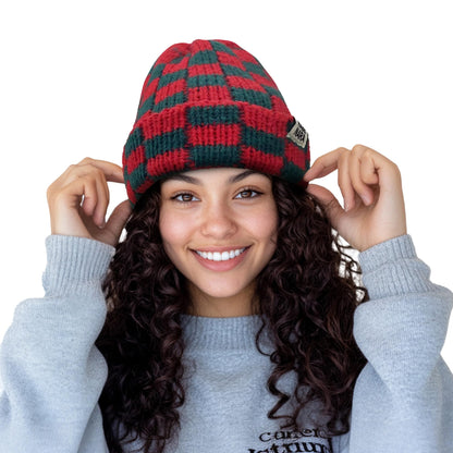 CLAPE Womens Cute Slouchy Beanies Hats, Winter Warm Chunky Checkered Beanie Large Cuff Knitted Hat Ski Cap for Cold Weather
