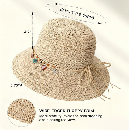 Beach Sun Hats for Women, Wide Brim Straw Hat, UPF 50+ UV Protection