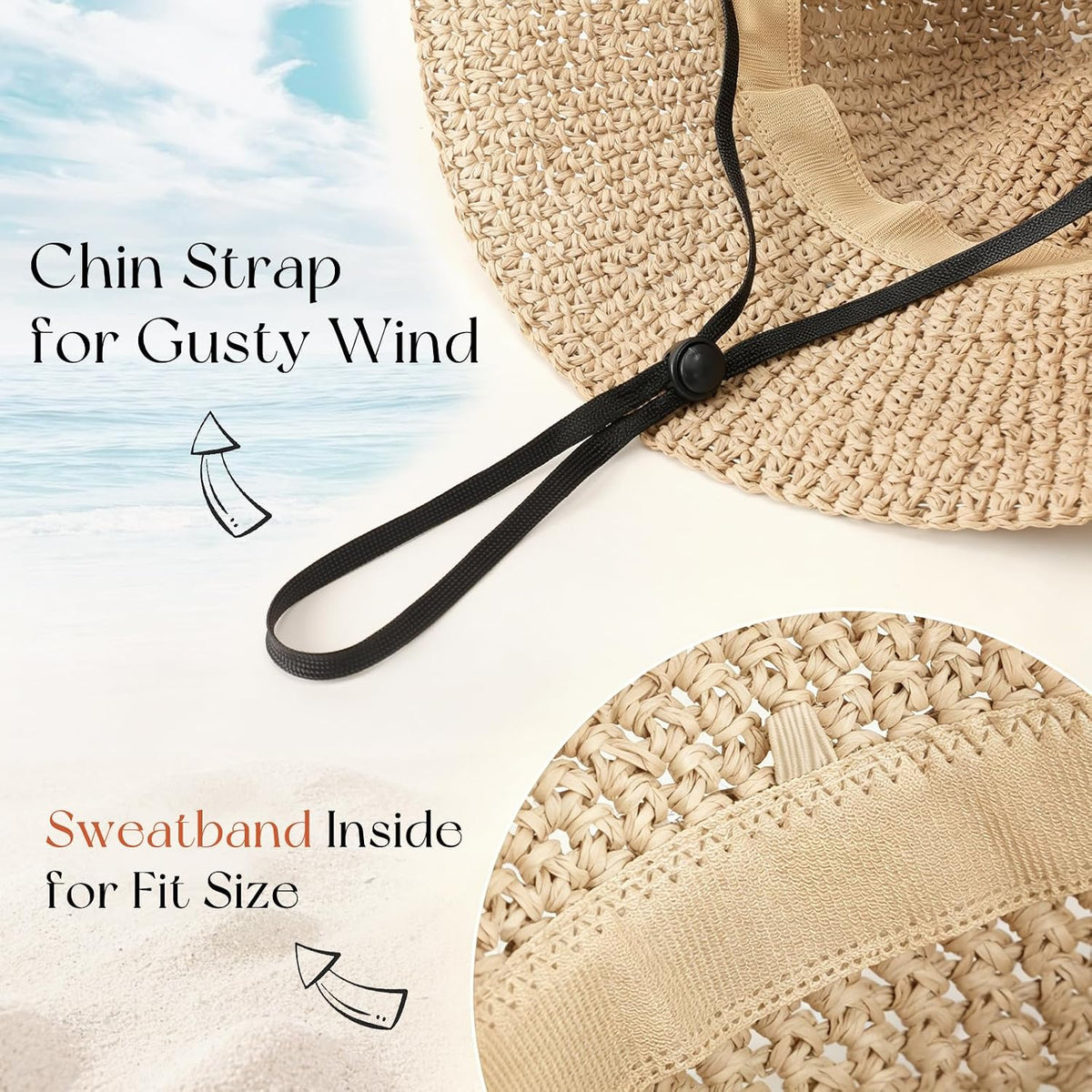 Beach Sun Hats for Women, Wide Brim Straw Hat, UPF 50+ UV Protection
