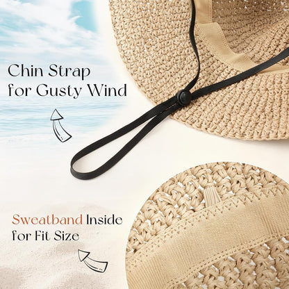 Beach Sun Hats for Women, Wide Brim Straw Hat, UPF 50+ UV Protection