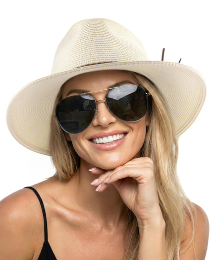 FURTALK Womens Wide Brim Sun Hat Beach Panama Fedora Straw Summer