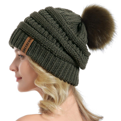 Women Knit Slouchy Beanie Chunky Baggy Hat with Faux Fur Pompom Winter Soft Warm Ski Cap