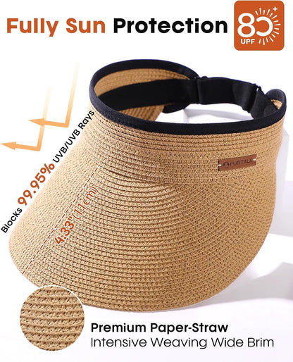 FURTALK Womens Sun Visor Hat Straw Sun Visors for Women Summer Packable Ponytail Beach Hats for Women Travel UPF 80+