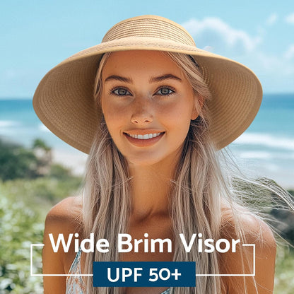 NPJY Sun Hats for Women Wide Brim Roll-Up Ponytail Packable Straw Visor