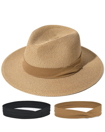 FURTALK Sun Hat Wide Brim Straw Fedora Panama Beach for Men Women