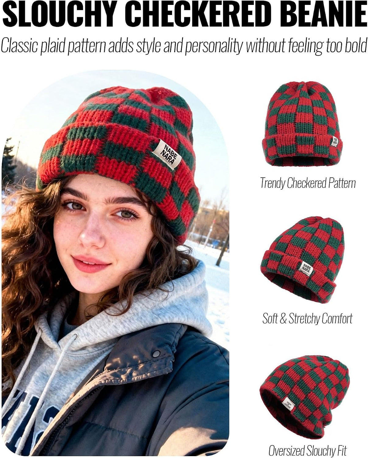 CLAPE Womens Cute Slouchy Beanies Hats, Winter Warm Chunky Checkered Beanie Large Cuff Knitted Hat Ski Cap for Cold Weather