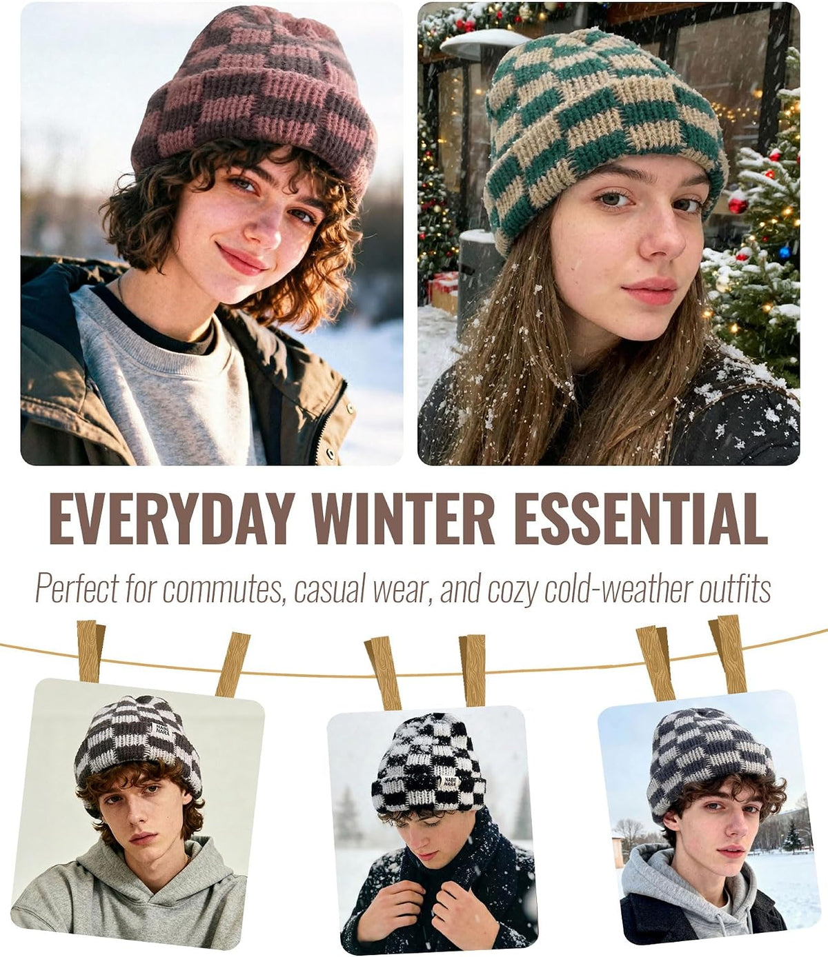 CLAPE Womens Cute Slouchy Beanies Hats, Winter Warm Chunky Checkered Beanie Large Cuff Knitted Hat Ski Cap for Cold Weather