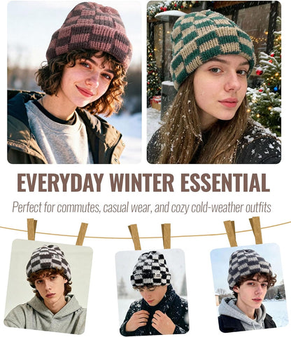 CLAPE Womens Cute Slouchy Beanies Hats, Winter Warm Chunky Checkered Beanie Large Cuff Knitted Hat Ski Cap for Cold Weather