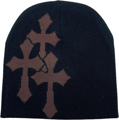 Y2K Dark Cross Wool Hat - Fashion Cross Pattern Loose Pile Knit Hat for Cold Weather - Autumn and Winter
